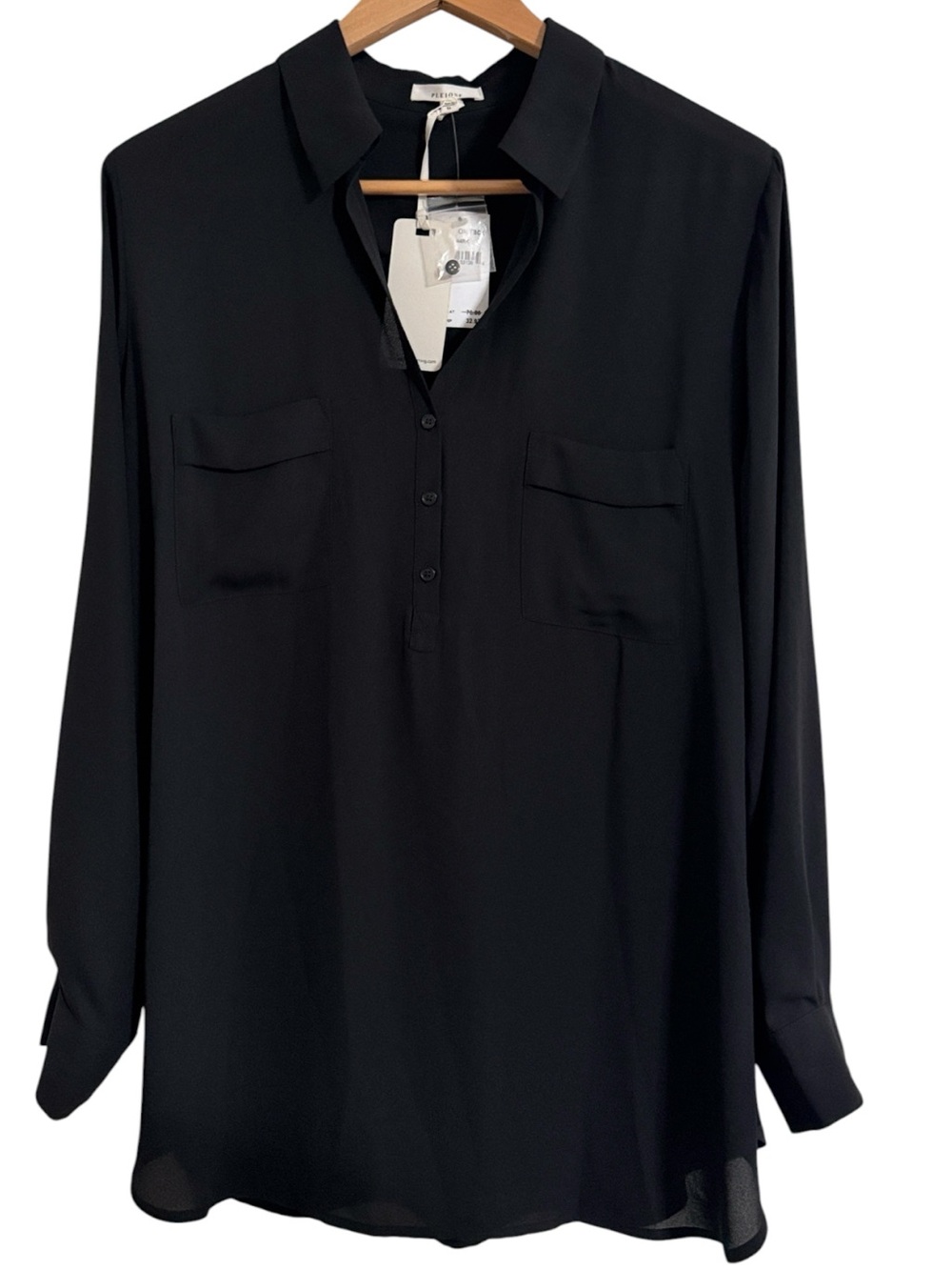 Pleione Sheer Collared Hi-Lo Hem Black Blouse Patch Pockets Minimalist size XL